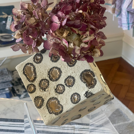Handmade White and Gold Spotted Cubic Vase by Nofo Ceramics
