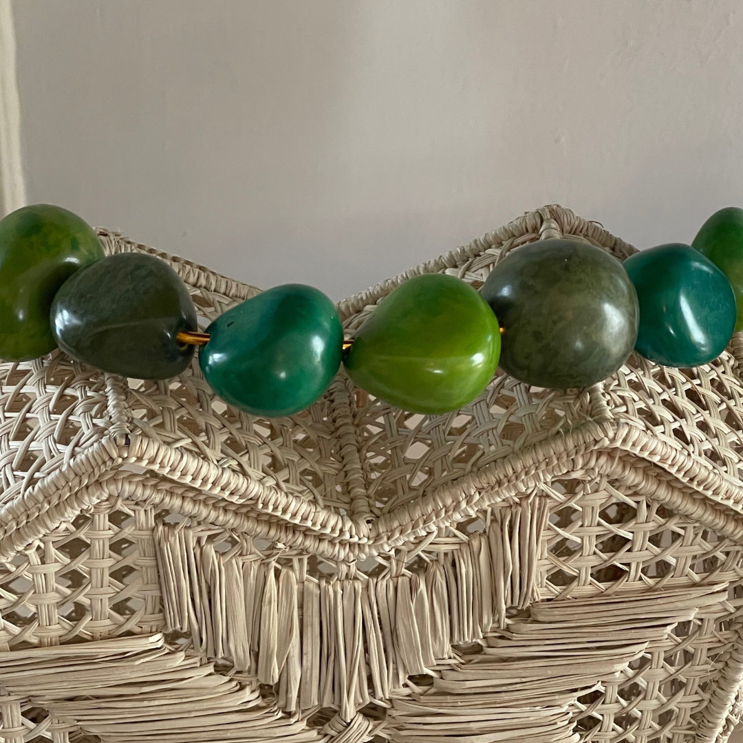 Handcrafted Natural Handbag with Large Green Beaded Handle