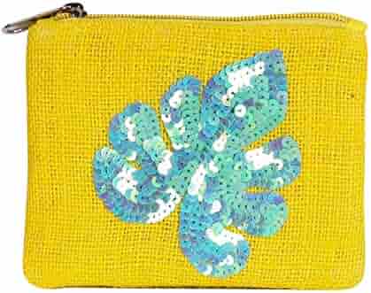 Embellished Yellow Juke Coin Purse with Sequined Green Leaf