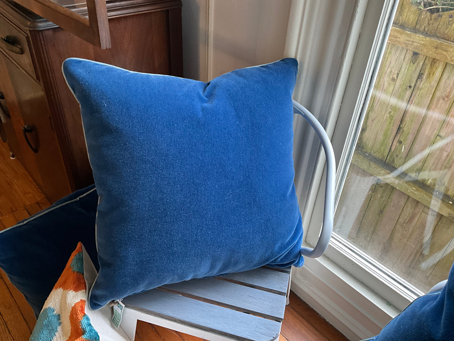 Custom Blue Mohair Pillow with Gray Piping