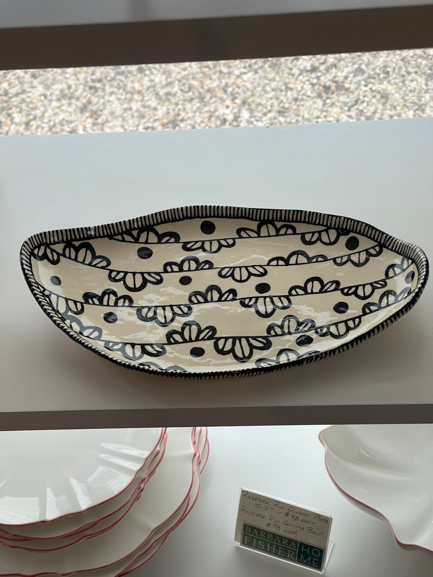 Handmade Black Freeform Pottery Dish with black design around the rim