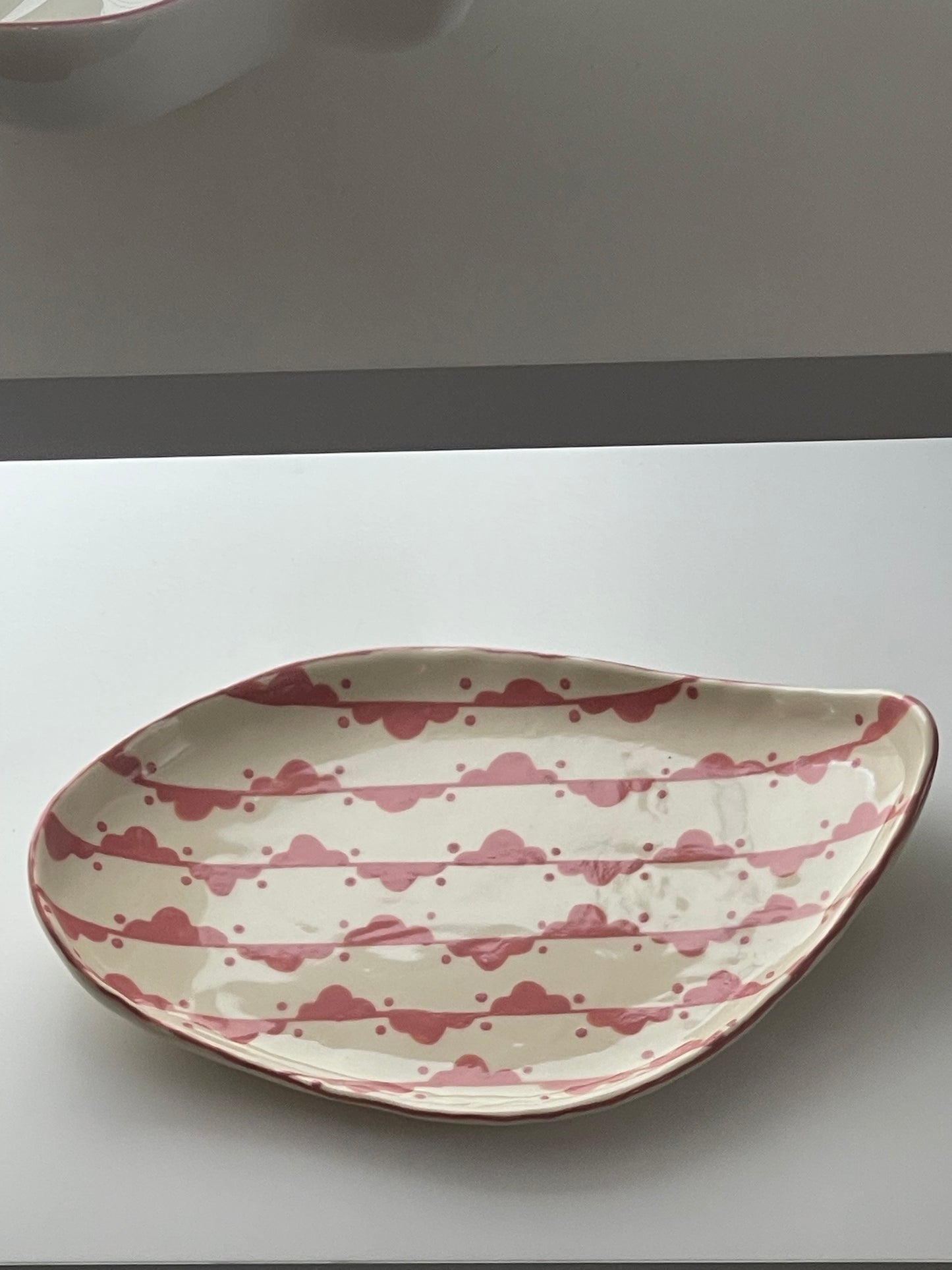 Handmade Pink Freeform Pottery Dish with pink design