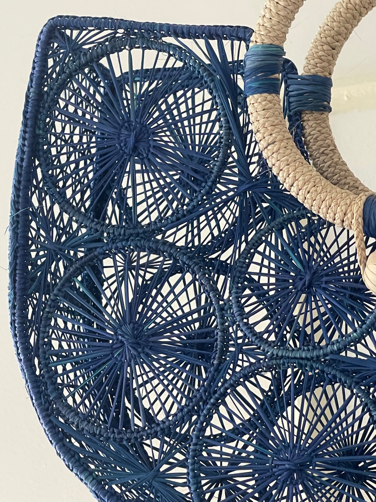Handcrafted Blue Handbag with Natural Bamboo Handle
