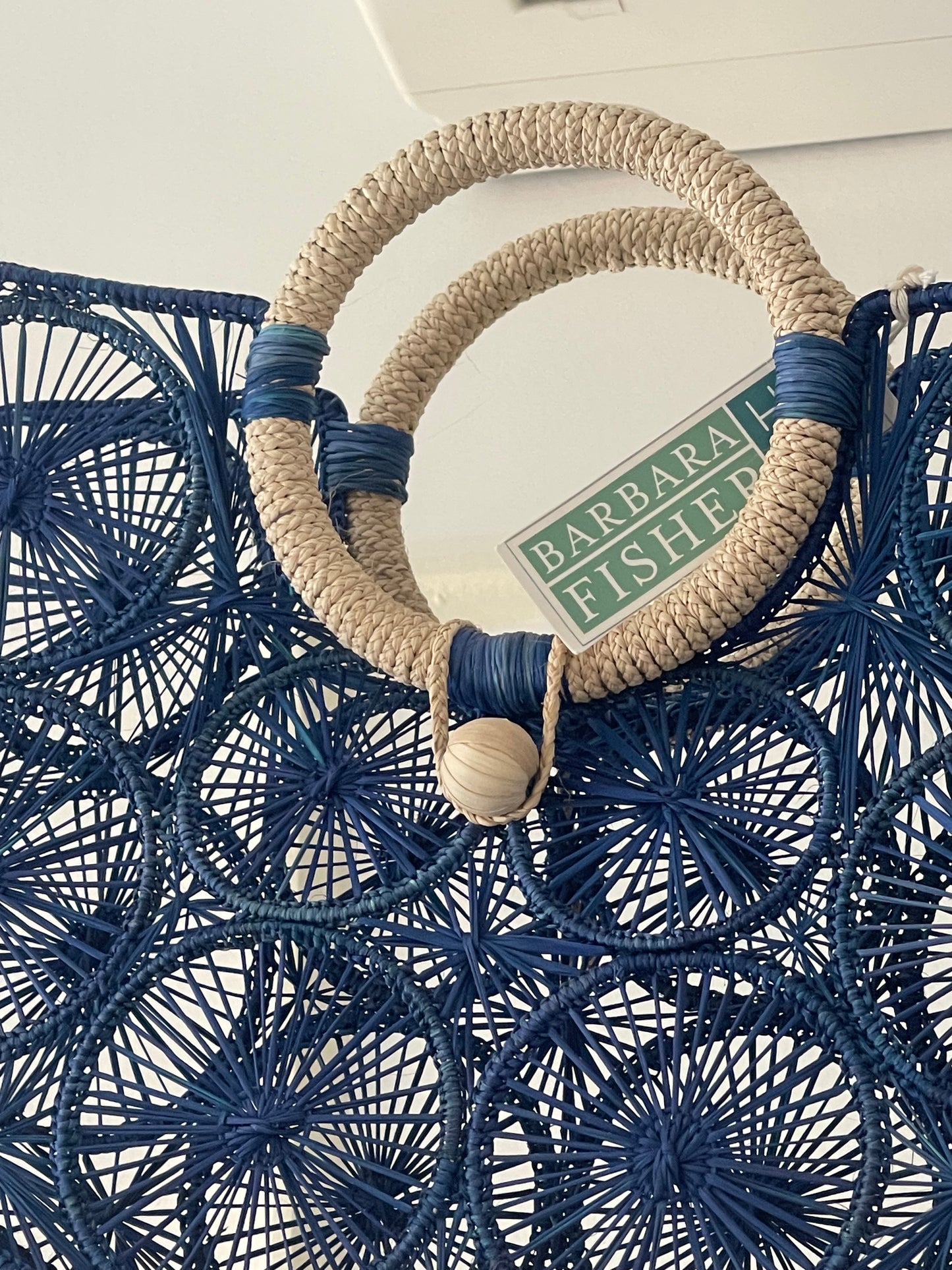 Handcrafted Blue Handbag with Natural Bamboo Handle