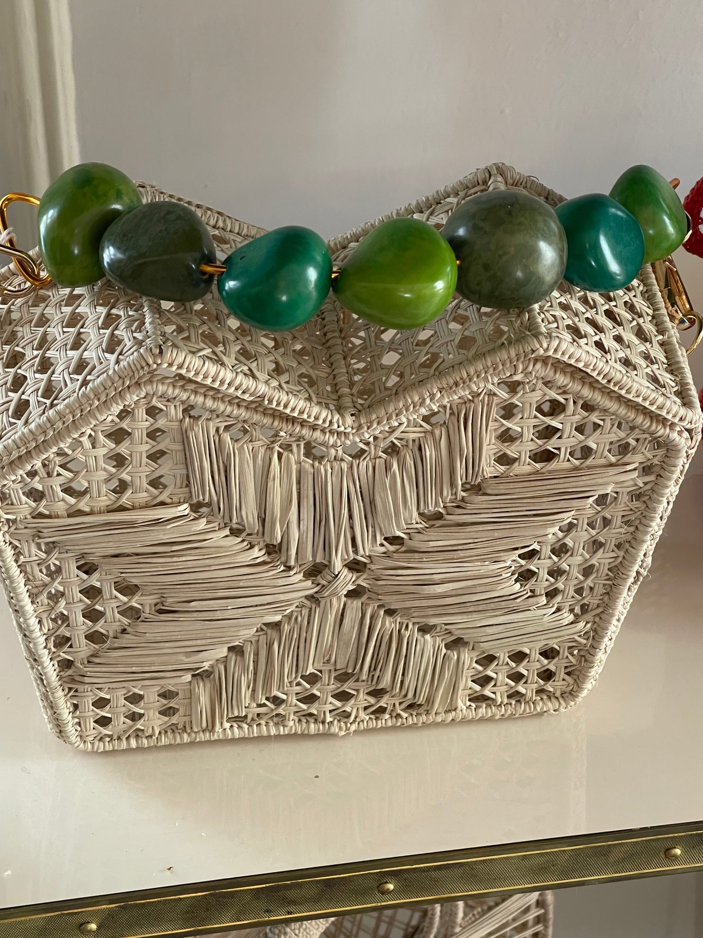 Handcrafted Natural Handbag with Large Green Beaded Handle