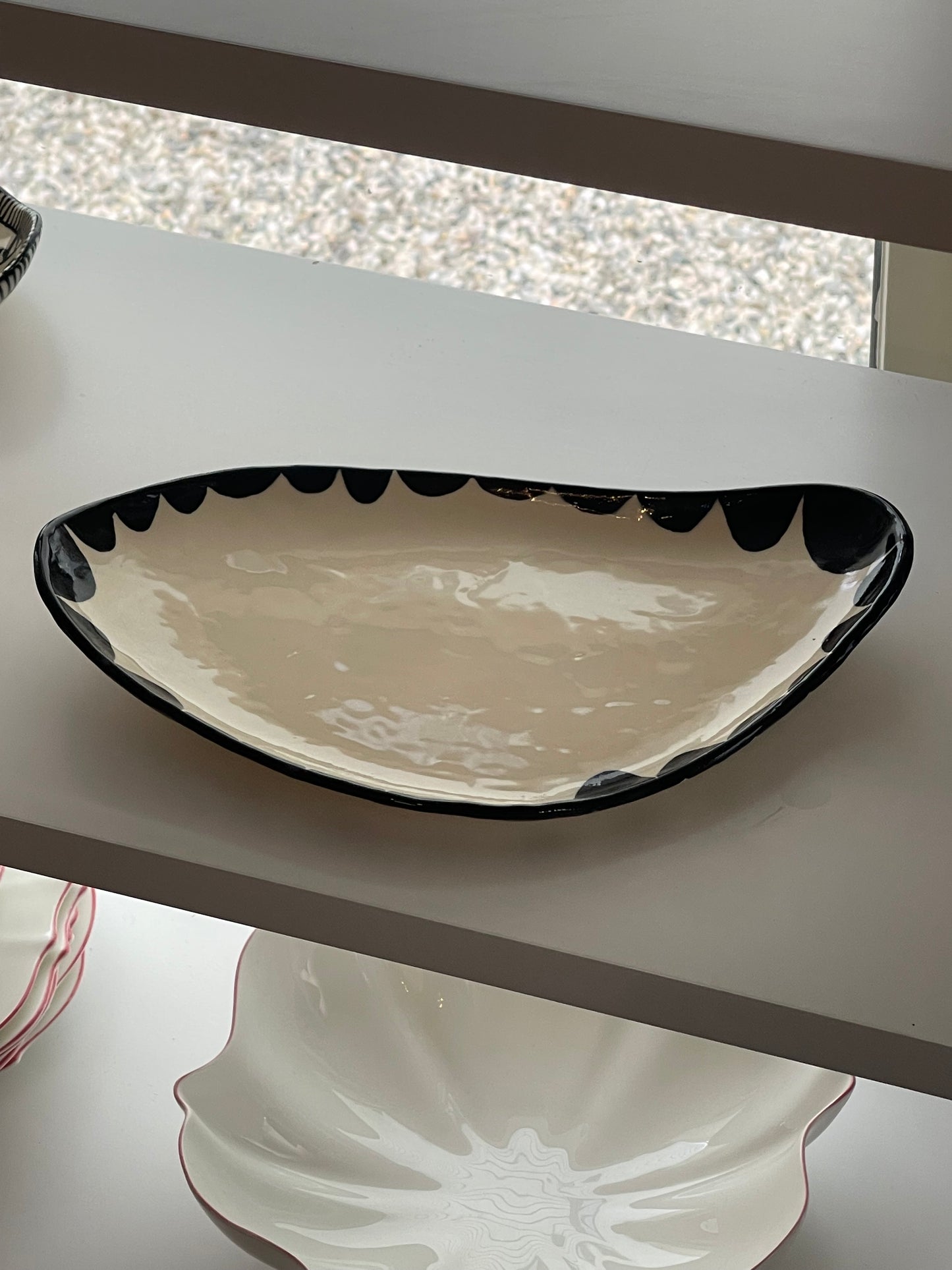 Handmade Black Freeform Pottery Dish with Black Design around Rim
