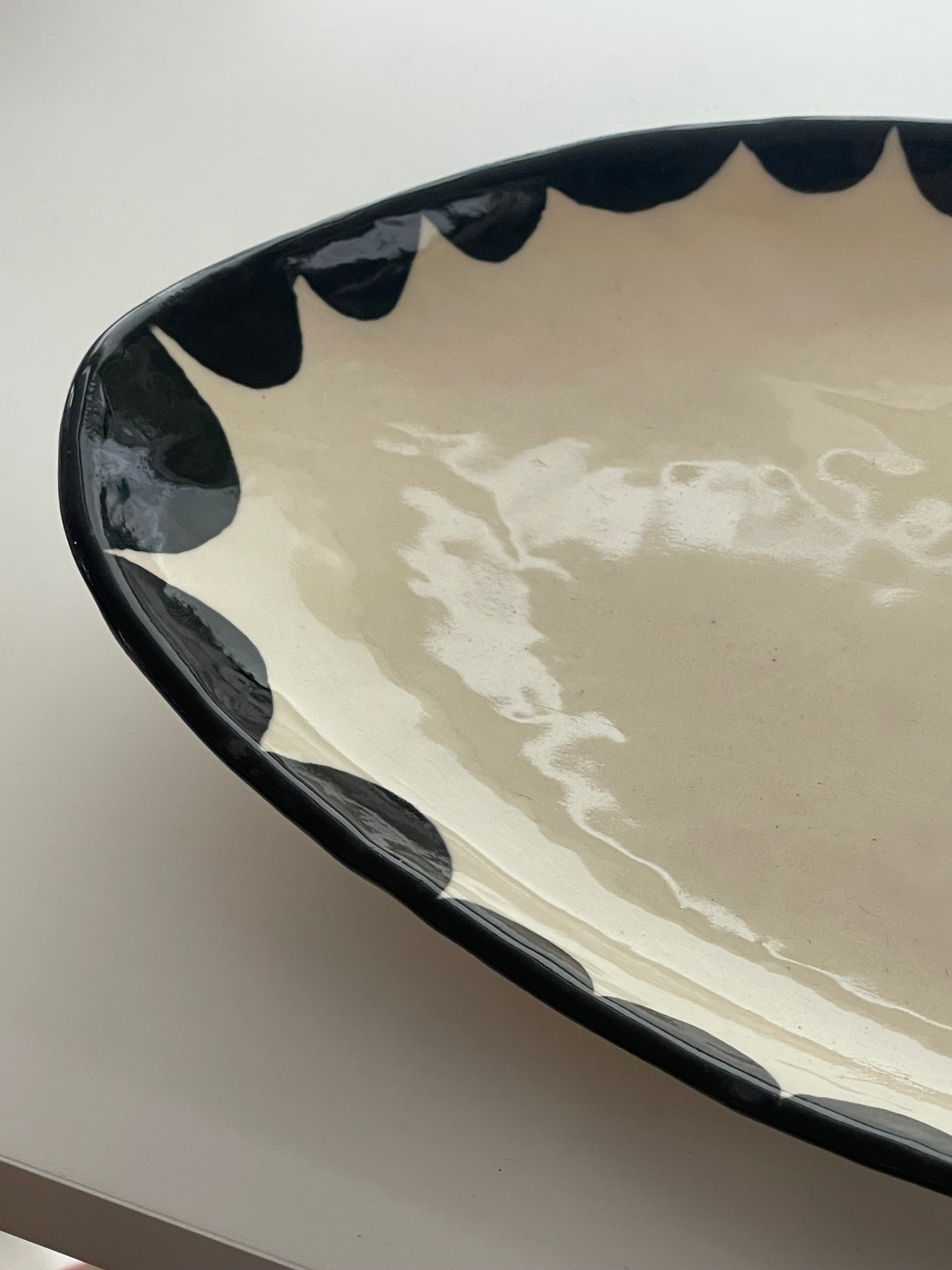 Handmade Black Freeform Pottery Dish with Black Design around Rim