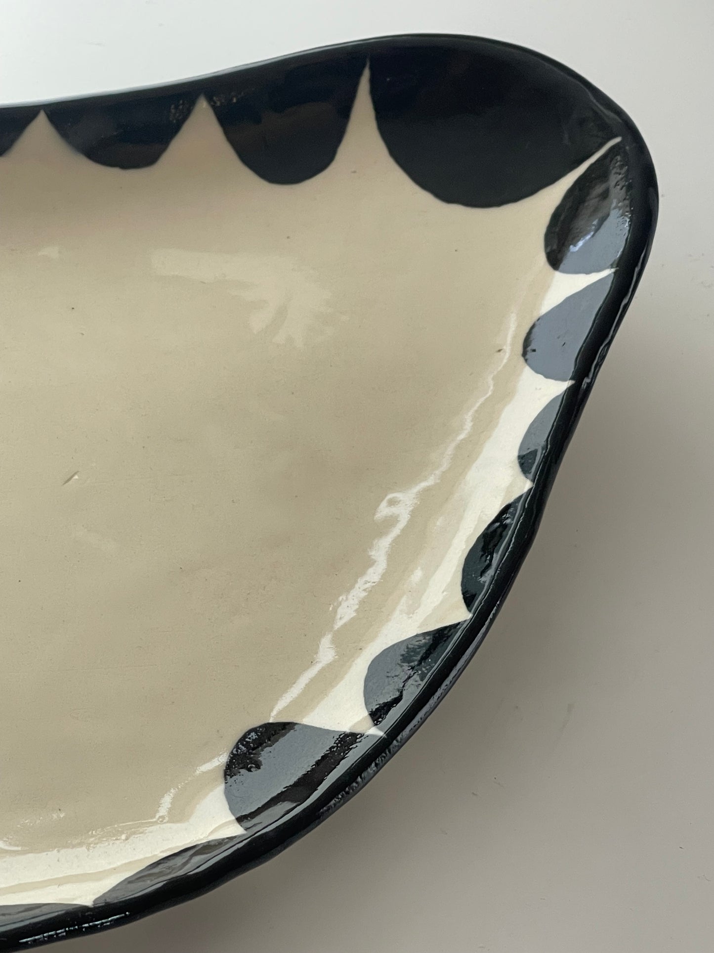 Handmade Black Freeform Pottery Dish with Black Design around Rim