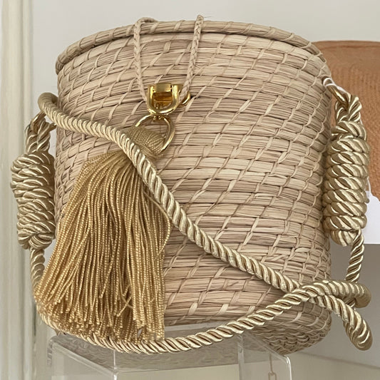 Handcrafted Natural Round Handbag with Natural Rope Shoulder Strap