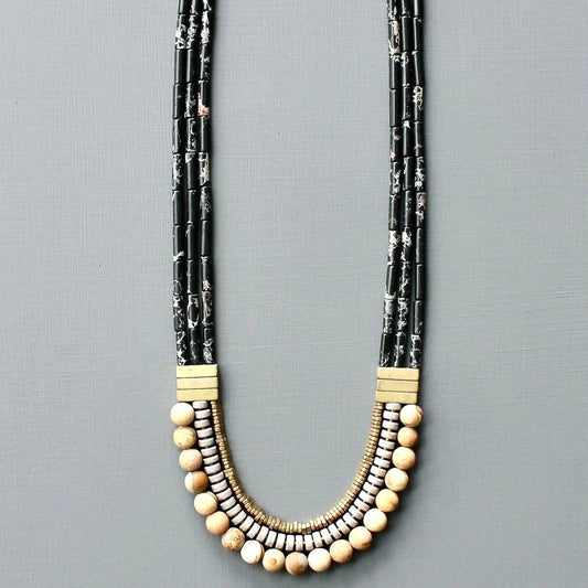 Triple Strand Black and Gray Beaded Necklace