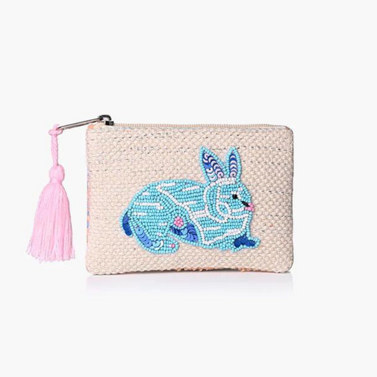 White Sequin Rabbit Coin Purse with Pink Tassel