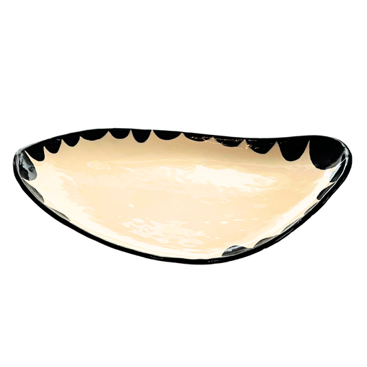 Handmade Black Freeform Pottery Dish with Black Design around Rim