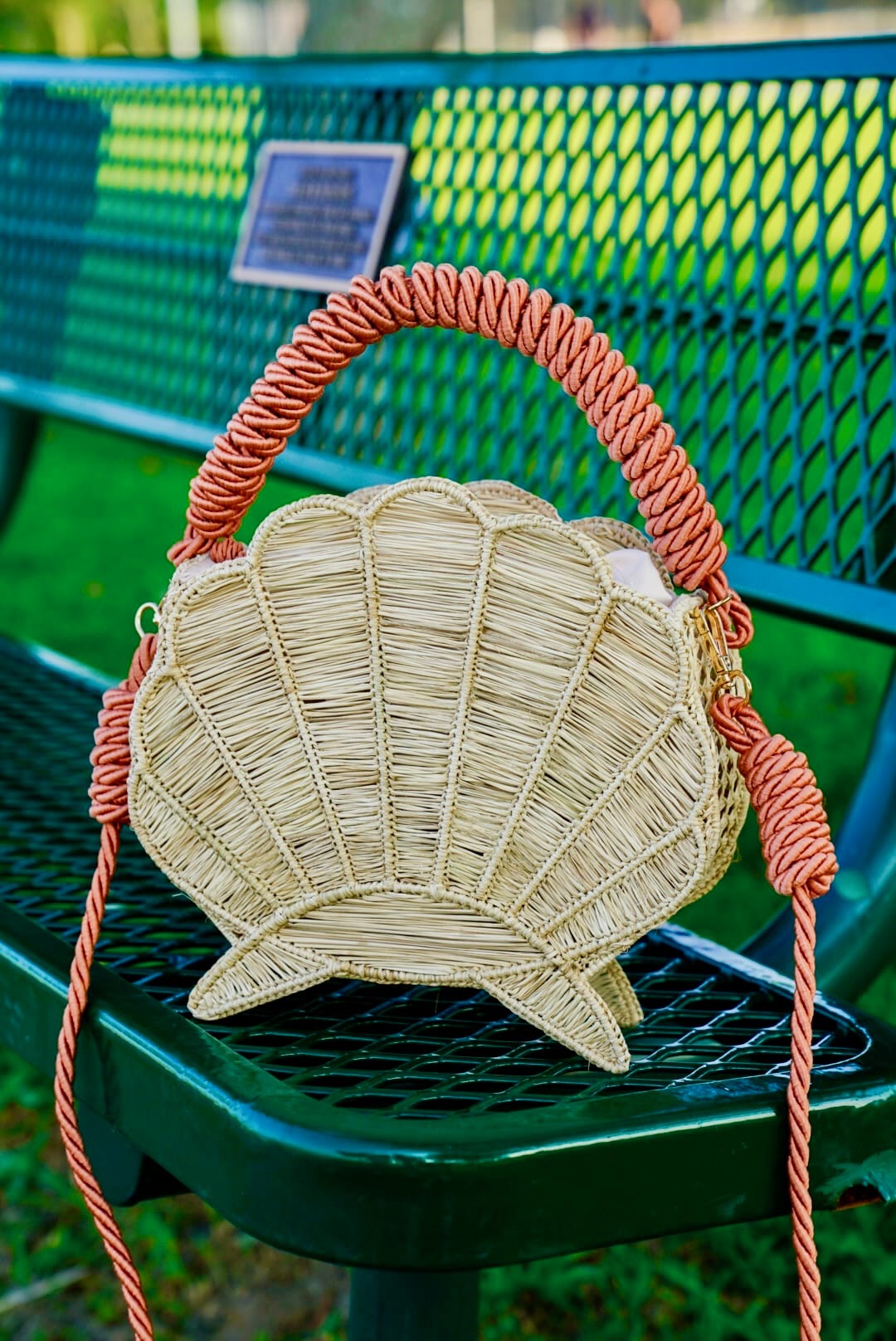 Handcrafted Natural Woven Scallop Handbag with Blush Handle and Strap