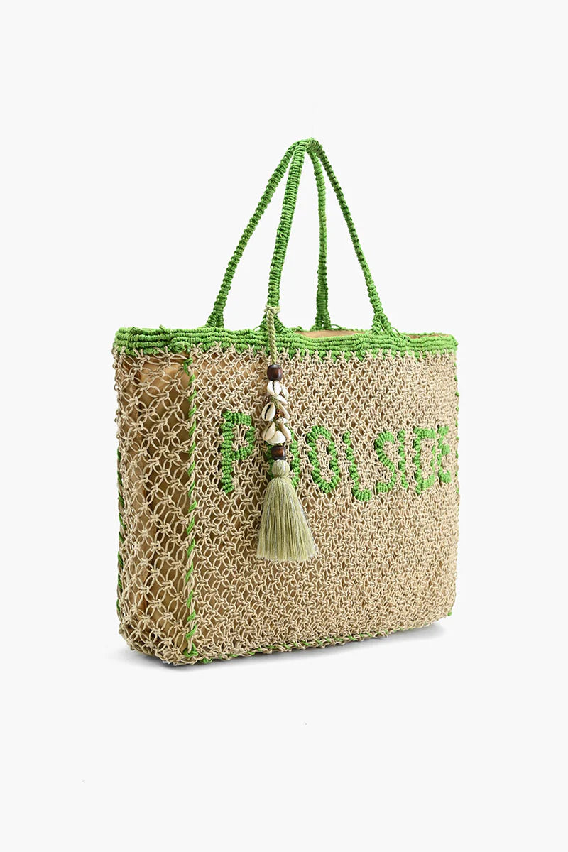 Jute Macrame Tote in Beige and Green with Tassel