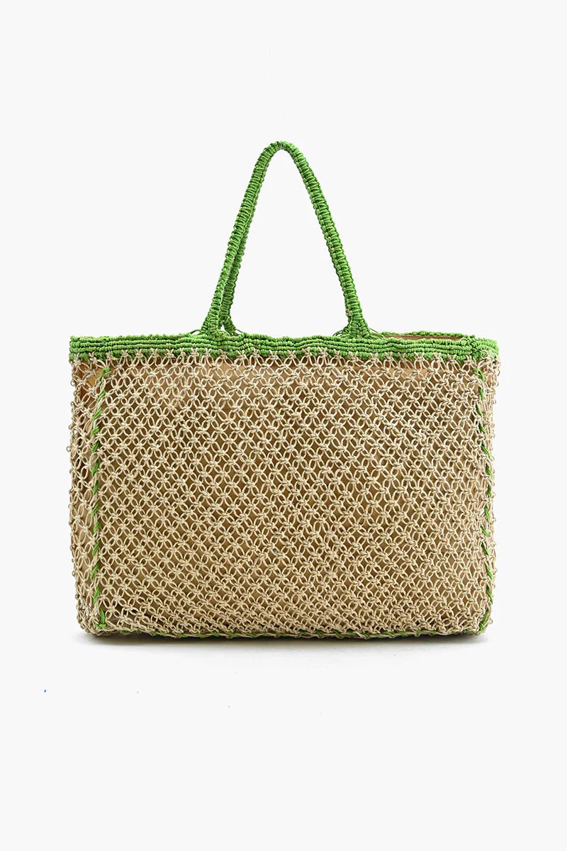 Jute Macrame Tote in Beige and Green with Tassel