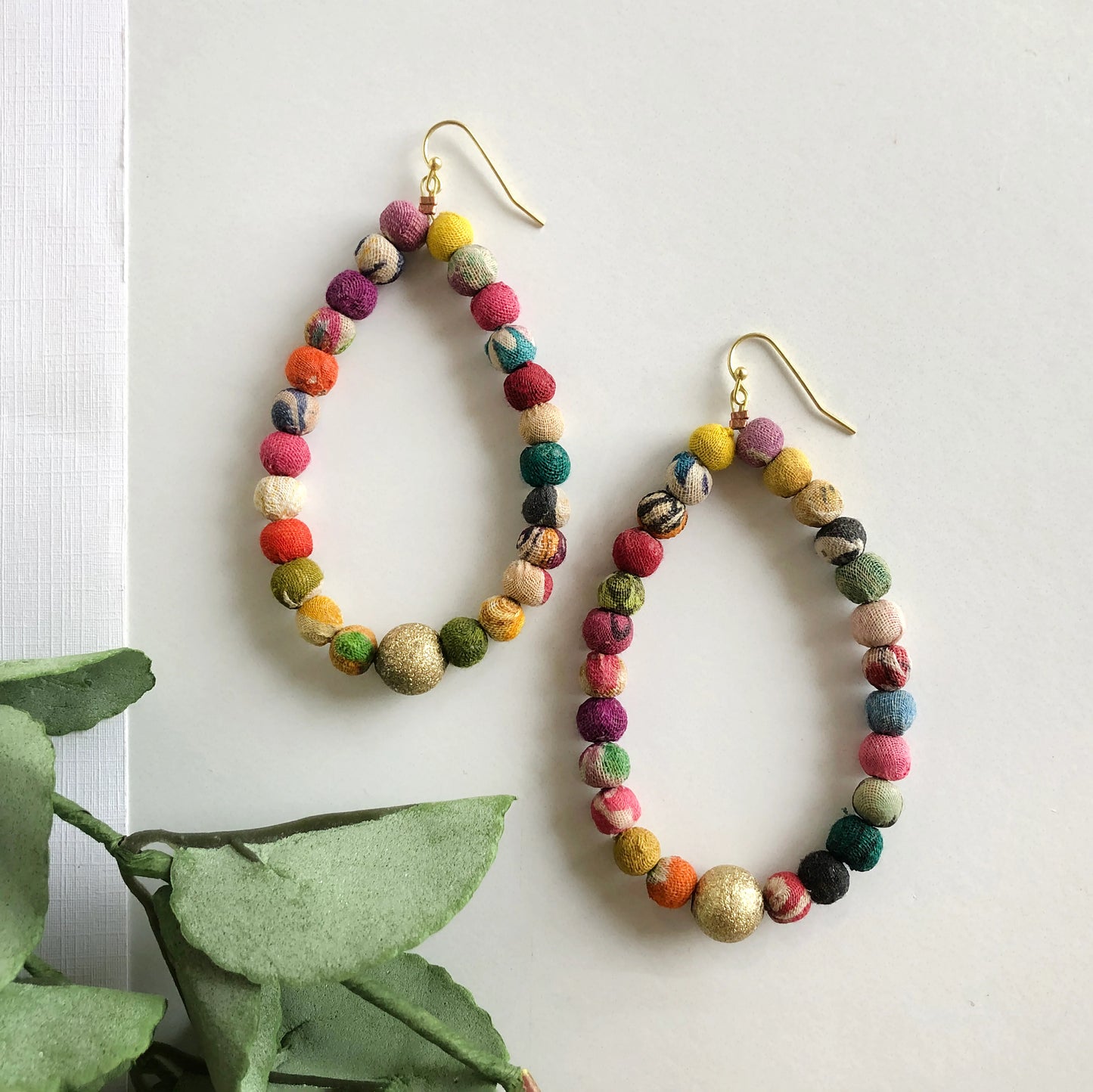 Handmade Kantha Luna Drop Hoops from India