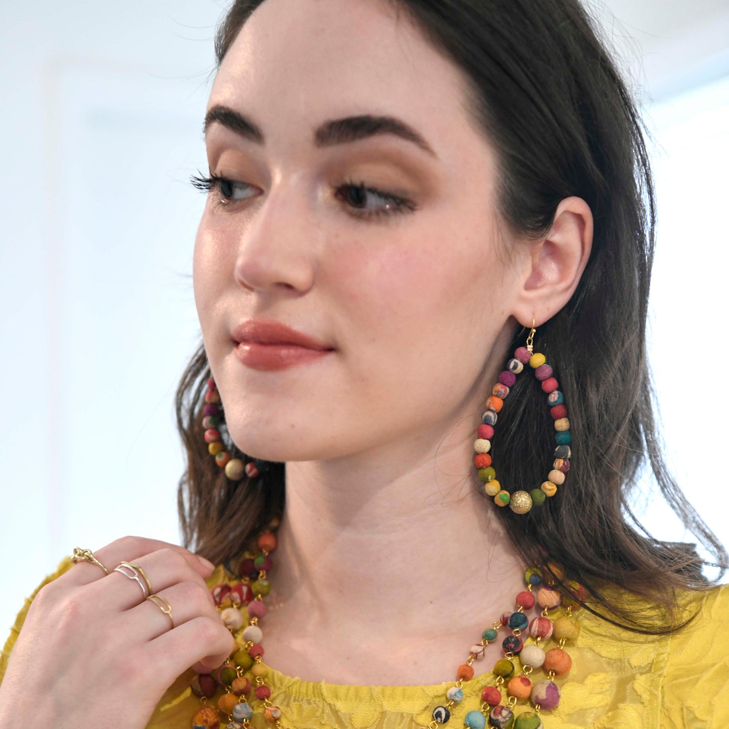 Handmade Kantha Luna Drop Hoops from India