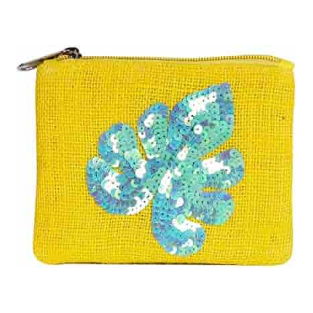 Embellished Yellow Juke Coin Purse with Sequined Green Leaf