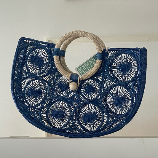 Handcrafted Blue Handbag with Natural Bamboo Handle