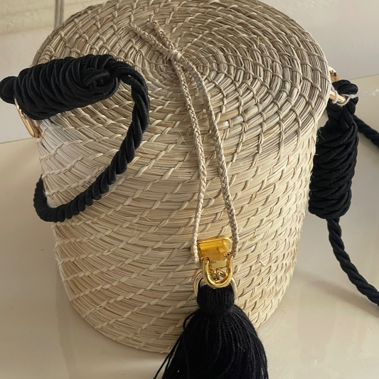Handcrafted Natural Round Handbag with Black Rope Shoulder Strap