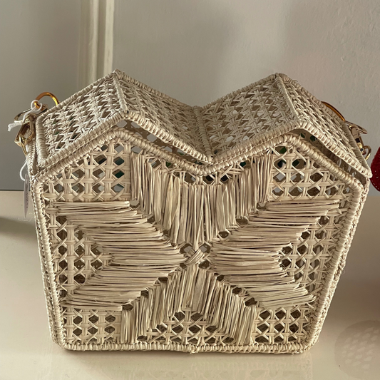 Handcrafted Natural Handbag with Large Green Beaded Handle