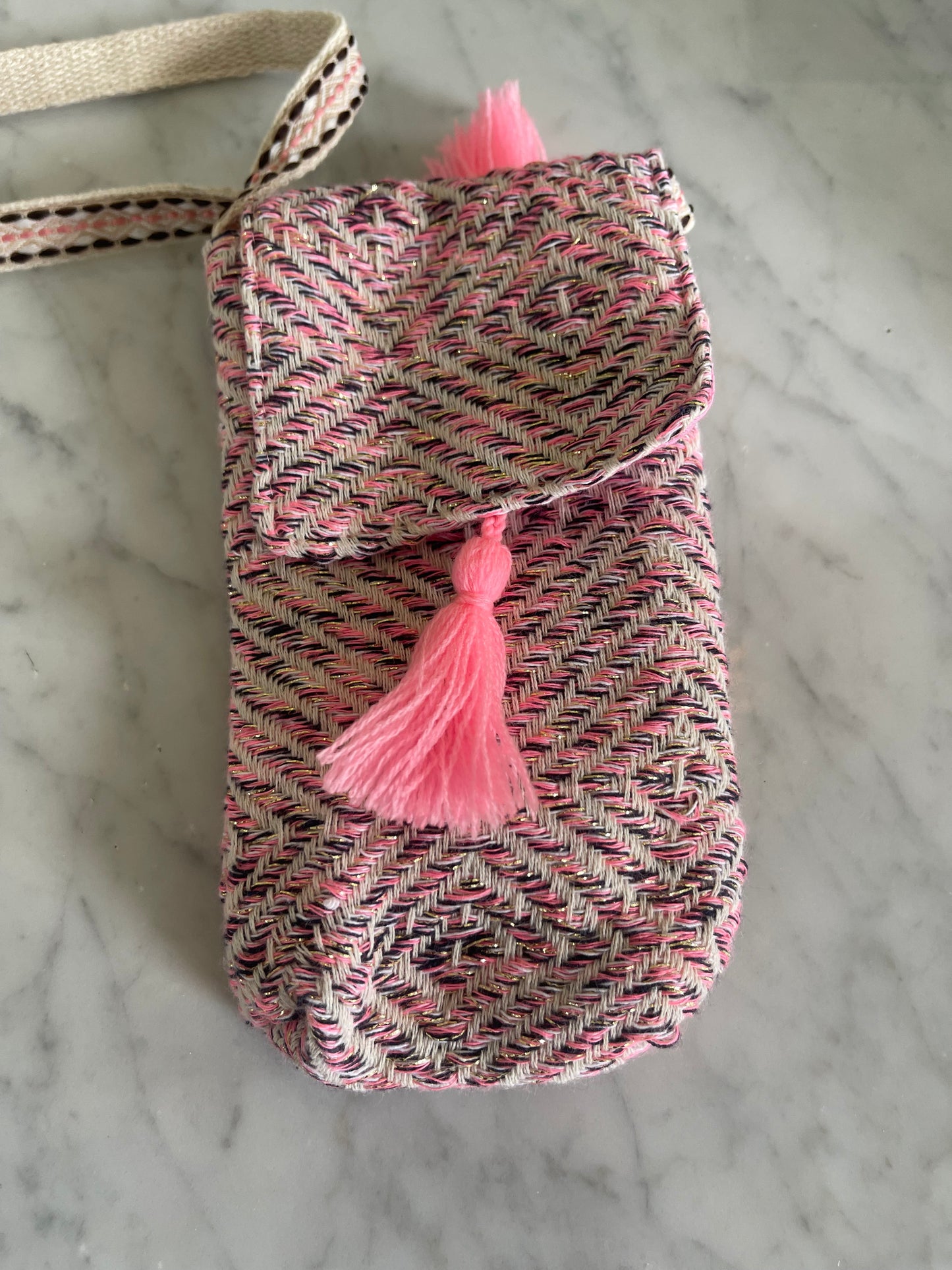 Pink and Black Stitch Cell Phone Bag with Pink Tassel