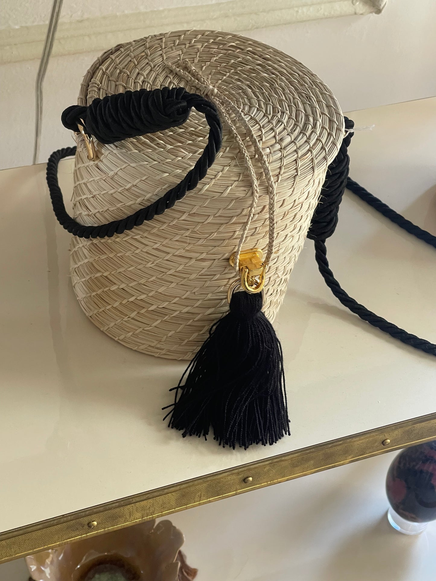 Handcrafted Natural Round Handbag with Black Rope Shoulder Strap