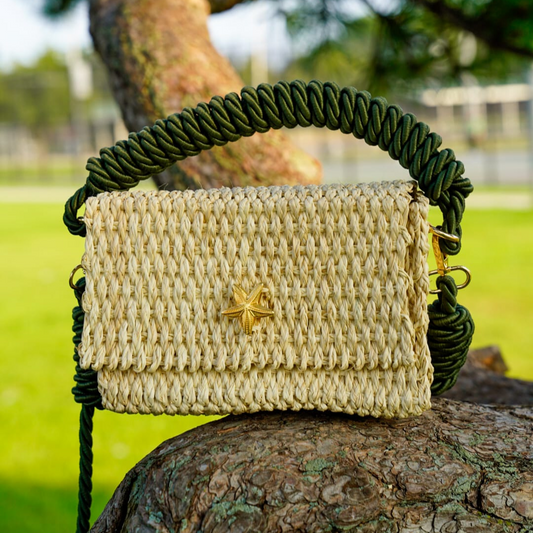 Handcrafted Natural Rectangular Handbag with Green Handle and Starfish clasp