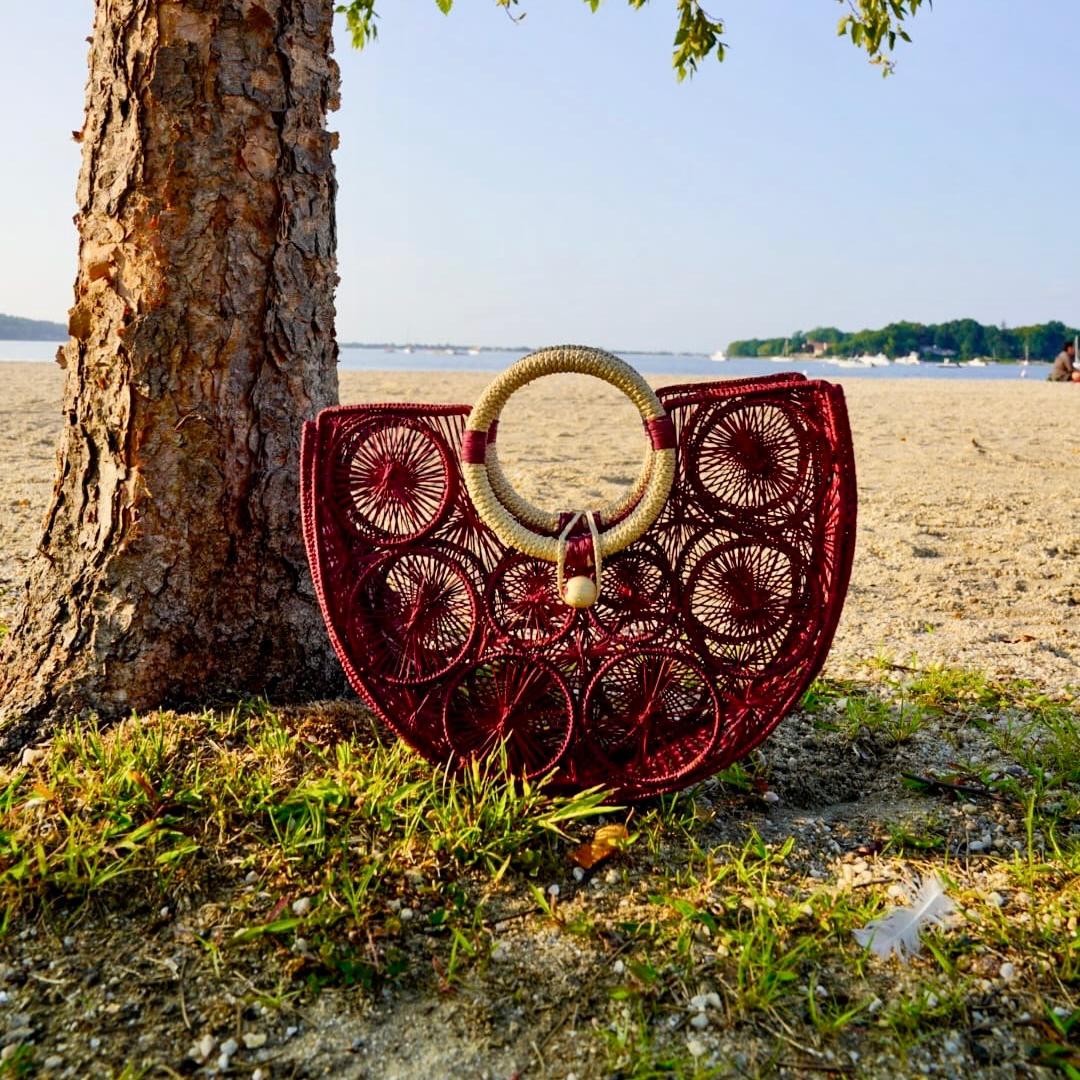 Handcrafted Burgundy Handbag with Natural Bamboo Handle