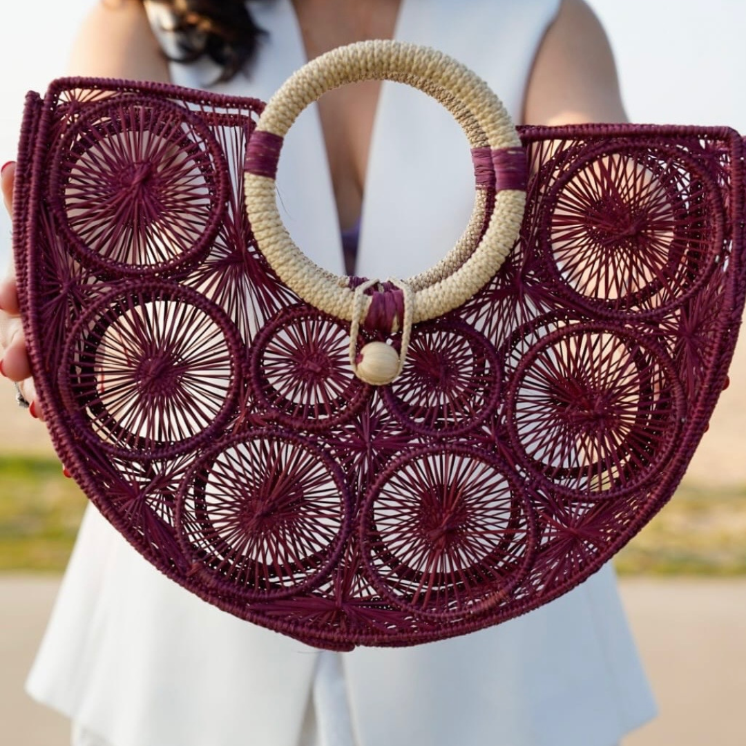 Handcrafted Burgundy Handbag with Natural Bamboo Handle