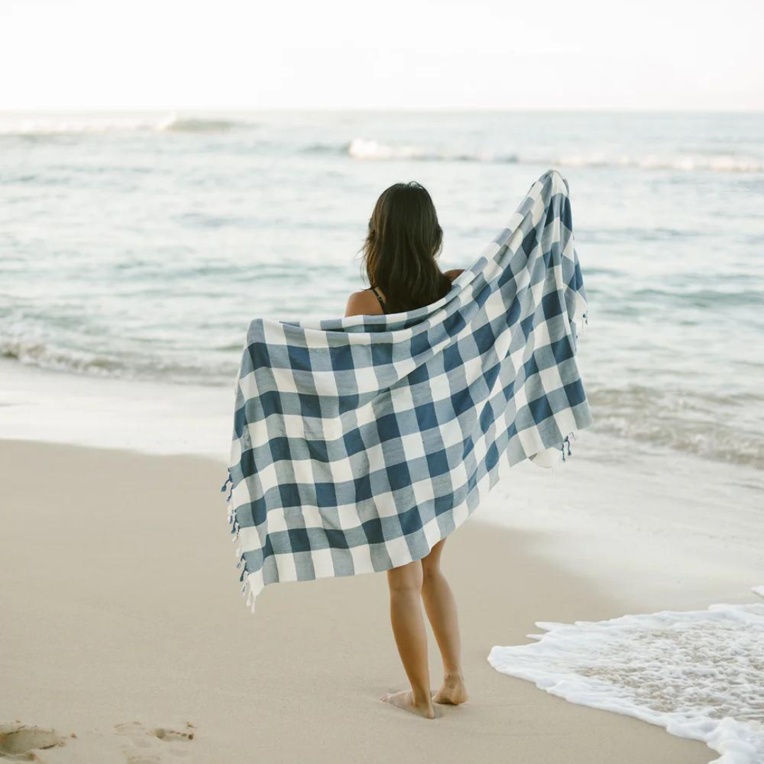 Ivory Navy Gingham Turkish Towel