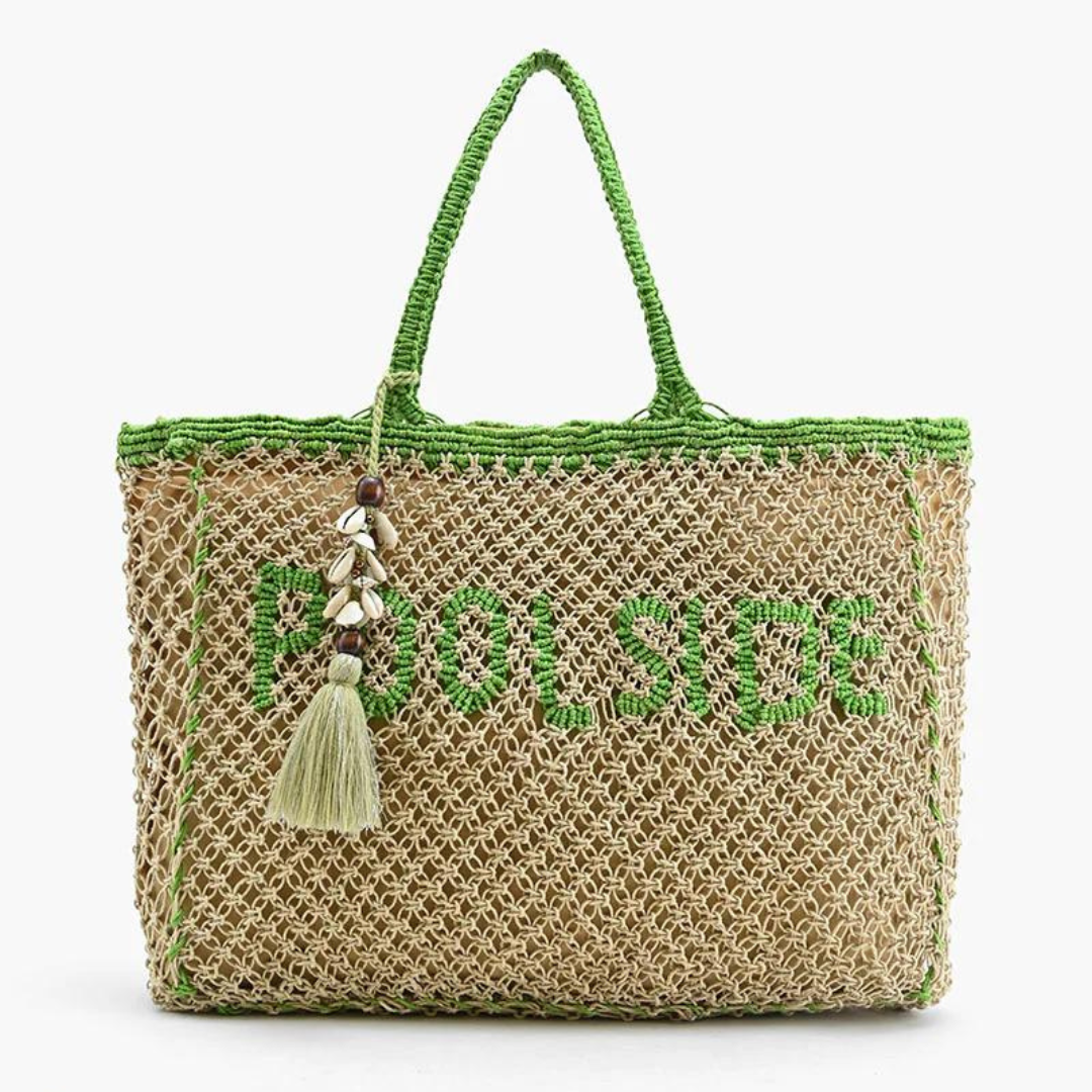 Jute Macrame Tote in Beige and Green with Tassel