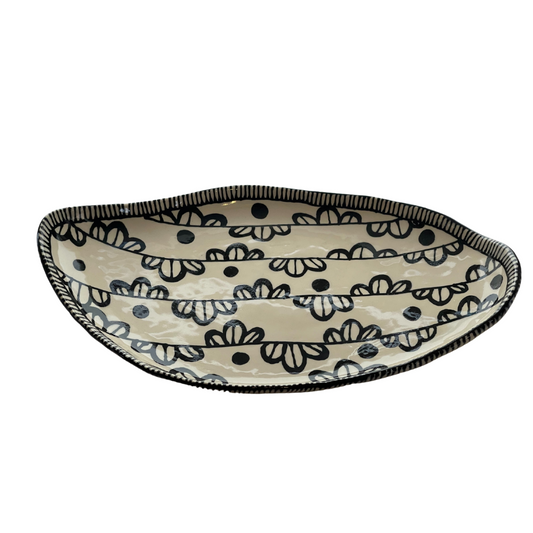 Handmade Black Freeform Pottery Dish with black design around the rim