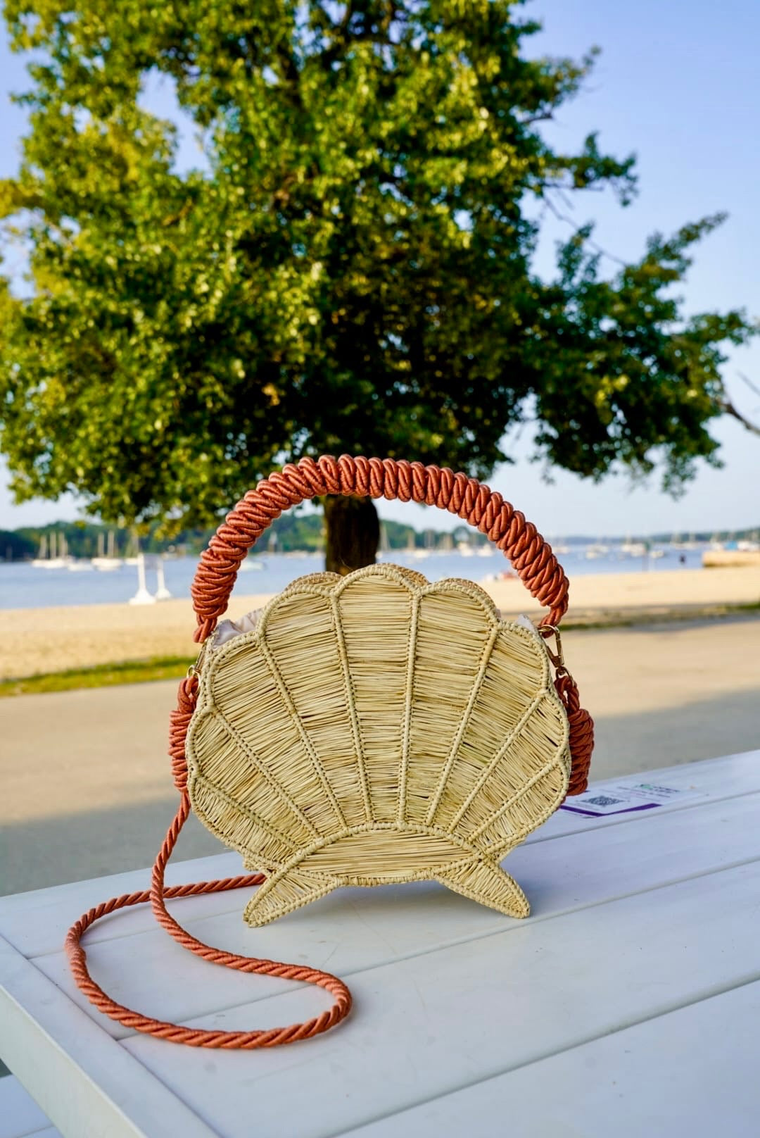 Handcrafted Natural Woven Scallop Handbag with Blush Handle and Strap